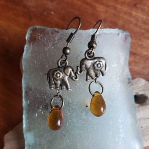 Handmade Antique Czech Teardrop Honey × Thai Elephants Earrings